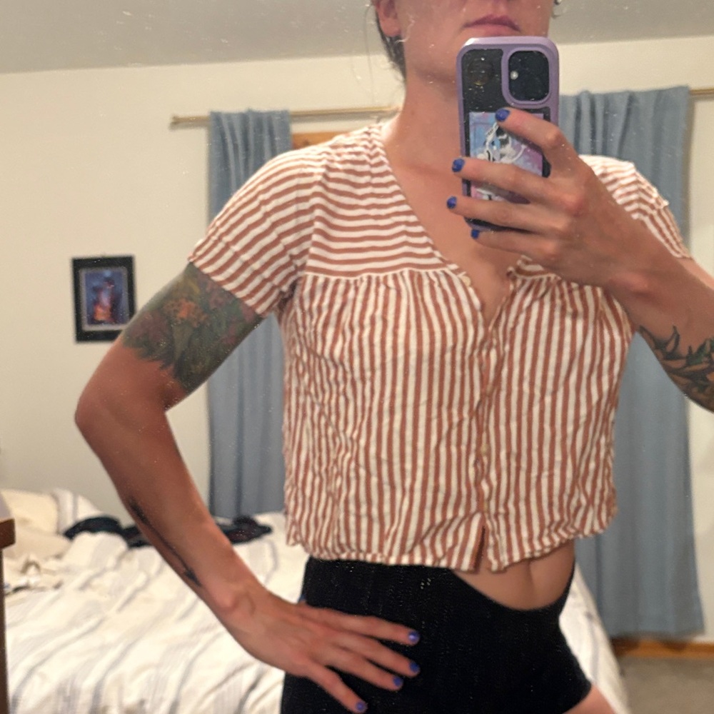 Madewell Striped, Button down Brown & White Women's Crop Top - x small